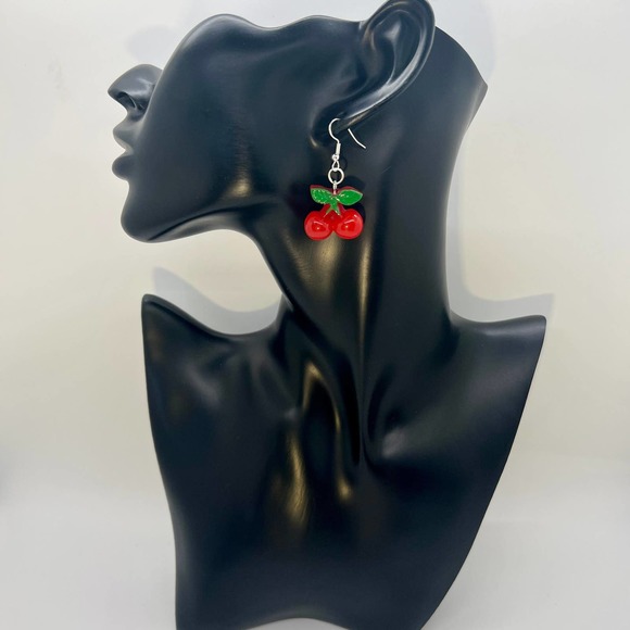 Cherry Earrings - Fruit Earrings - Red Cherries Summer Earrings - Picture 7 of 8
